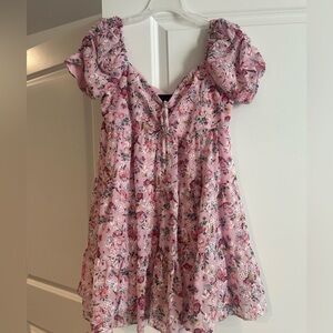 Blue Rain Pink Floral Mini Babydoll Dress